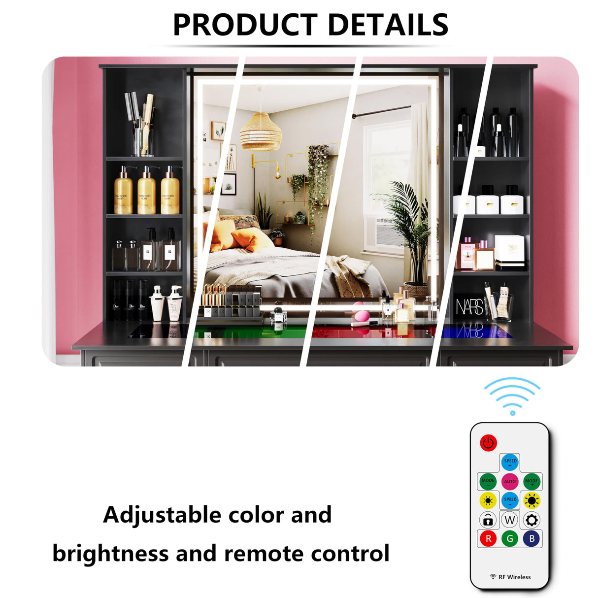 Wildhome Vanity Desk with Mirror and Lights, Glass Top Dressing Table with 9 Drawers, Makeup Vanity with Storage Bench, European Style Vanity, Adjustable Brightness Vanity for Bedroom(Black) Wildhome