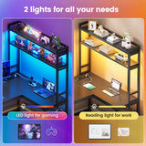 SEDETA L Shaped Gaming Desk, Reversible 45.3” Small Corner Desk with Power Outlet and LED Lights, Corner Gaming Desk with Storage Shelves, Hooks and Hooks for Small Space, Black SEDETA