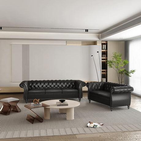 RUSTYER Chesterfield 3 Seater Sofa, Modern Leather Tufted Couch 3 Seater with Rolled Arms and Nailhead Mid-Century Upholstered Couch for Living Room, Bedroom, Apartment and Office, Black RUSTYER