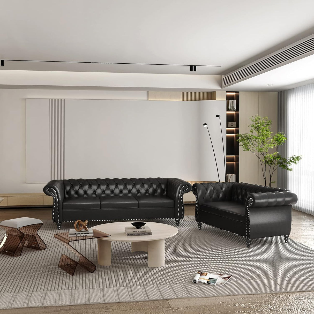 RUSTYER Chesterfield Loveseat Sofa, Modern Leather Small Sofa Couch 2 Seater with Rolled Arms and Nailhead, Mid Century Modern Loveseat Couch for Small Spaces Living Room Bedroom Apartment, Black RUSTYER