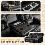 URRED Wall Hugger Power Recliner Sofa, RV Double Reclining 3-Seater Couch for Living Room with LED Lights, USB Ports, Cup Holders and Side Pockets, Outlets, Drawer, Faux Leather – Black URRED