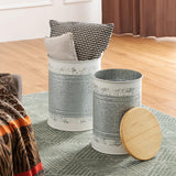 glitzhome Rustic End Table Set of 2, Farmhouse Galvanized Metal Barrel Ottoman Storage Stool with Round Wood Lid for Living Room Furniture, Distressed White glitzhome