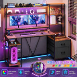 UPOSOJA Gaming Desk with Hutch, 65in Reversible Computer Desk with Power Outlets LED Light, Home Office Desk with Monitor Stand 2 Drawers 4 Storage Shelves Pegboard 8 Hooks Mouse Pad (Brown) UPOSOJA