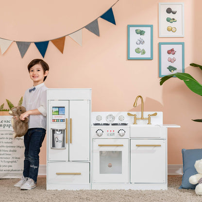 Teamson Kids Little Chef Charlotte Modern Modular Interactive Wooden Play Kitchen with Refrigerator, Stove and Sink in White with Gold Finishes - WoodArtSupply