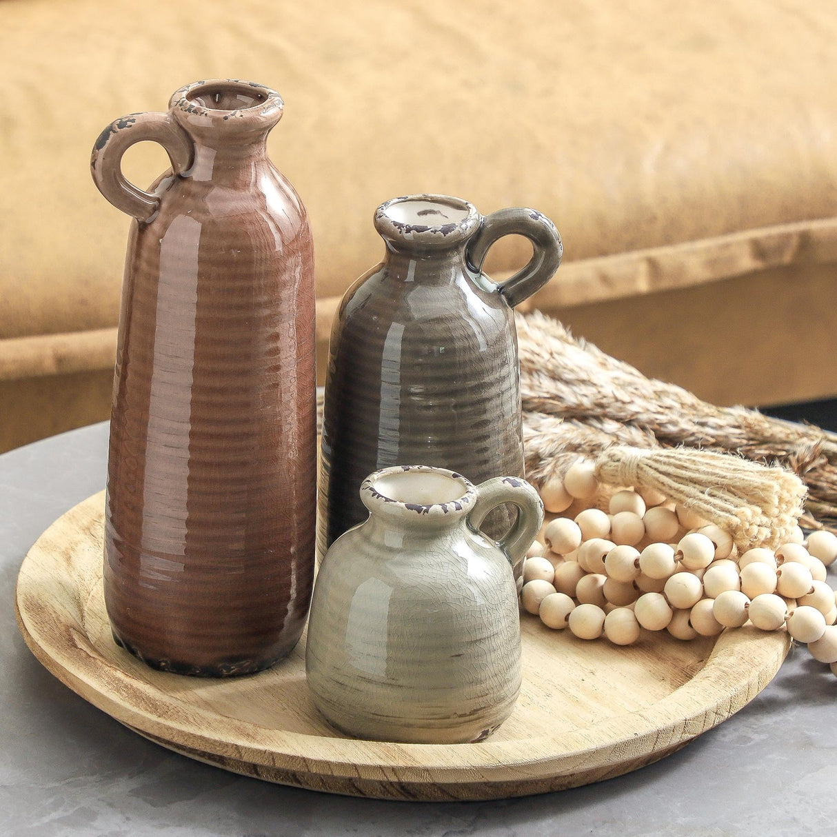 Ceramic Vases Set of 3, Neutral Rustic Farmhouse Vase with Handle, Decorative Flower Vases Home Decor Modern Boho Pampass Vase for Table Mantel Entryway Shelf Living Room Kitchen Bathroom - Brown ooit