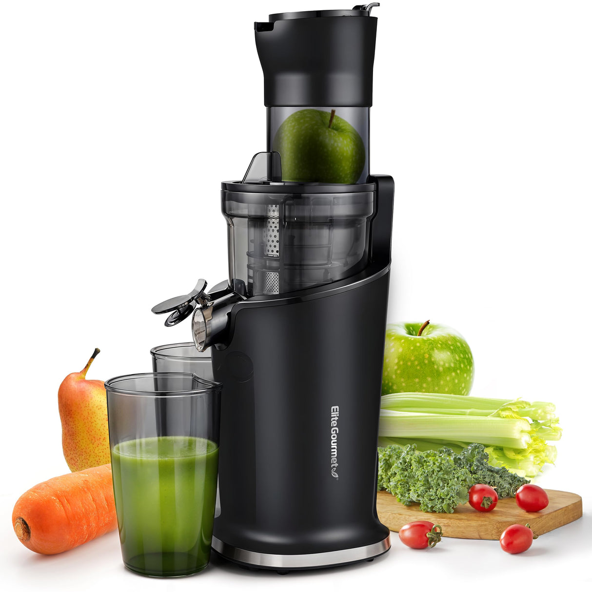 Elite Gourmet EJX017 Whole Fruit 3” Feeding Chute, Dynamic Masticating Slow Juicer, High Yield Cold Press Juice Extractor, Nutrient and Vitamin Dense, Easy to Clean, 27 oz Juice Cup, Black Elite Gourmet