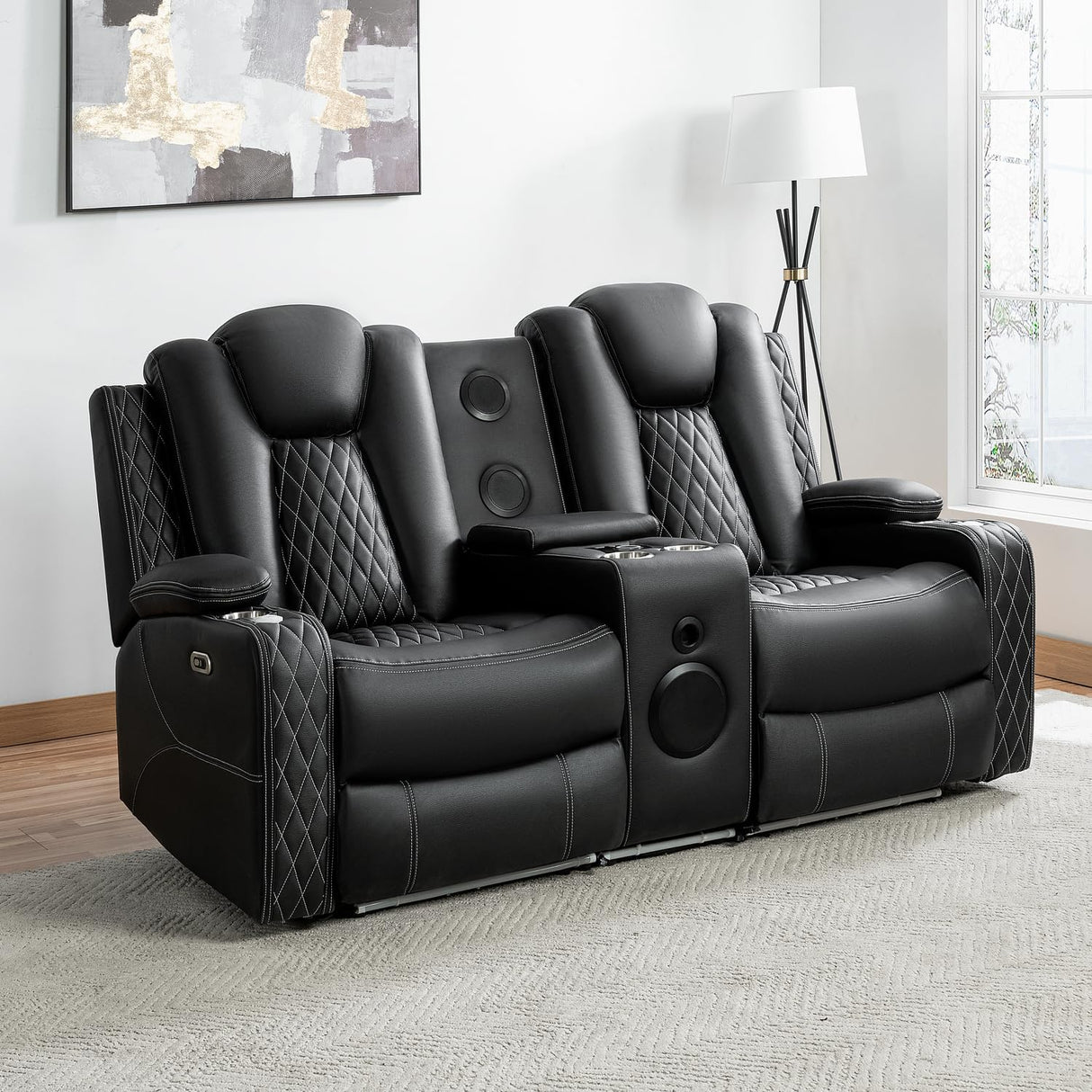 Naomi Home Living Room Furniture Set, Power Reclining Sofa Set, Air Leather Recliners with Built-in USB Ports and Storage Console, LED Reclining Couch Set for Living Room (Black, Loveseat and Chair) Naomi Home
