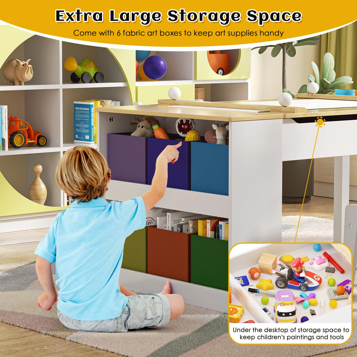 ROOMTEC 2-in-1 Kids Table and Easel Chair Set, Toddler Craft Play Wood Activity Desk with Storage Bins & Paper Roll for Art, Drawing, Reading, Playroom, White, OneSize ROOMTEC