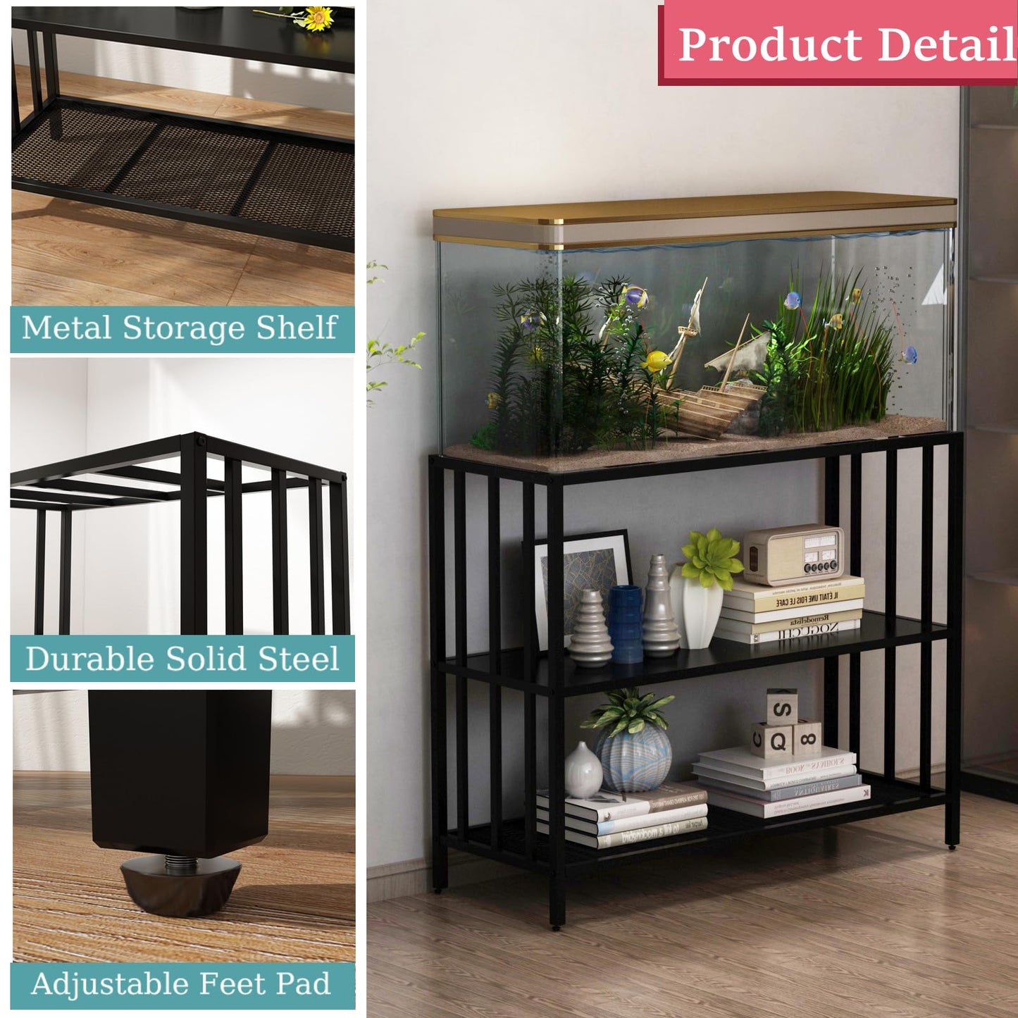 WOULHOMY Fish Tank Stand with Metal Shelves, 55 Gallon Aquarium Stand Heavy Duty Turtle Tank Terrariums Tank Breeder Reptile Tank Stand for Home Office, 48.4” x 14.9” x 29.5” (Black)