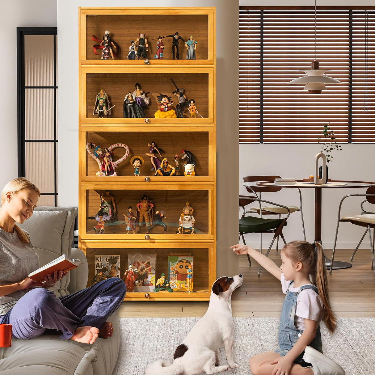 HAOWANJP Curio Display Cabinet 5-Tier Storage Shelves with Acrylic Door, Collectibles Toy Organizers Rack & Display Shelf, Kids Bookshelf and Bookcase for Playroom, Bedroom (Brown-Flip) HAOWANJP