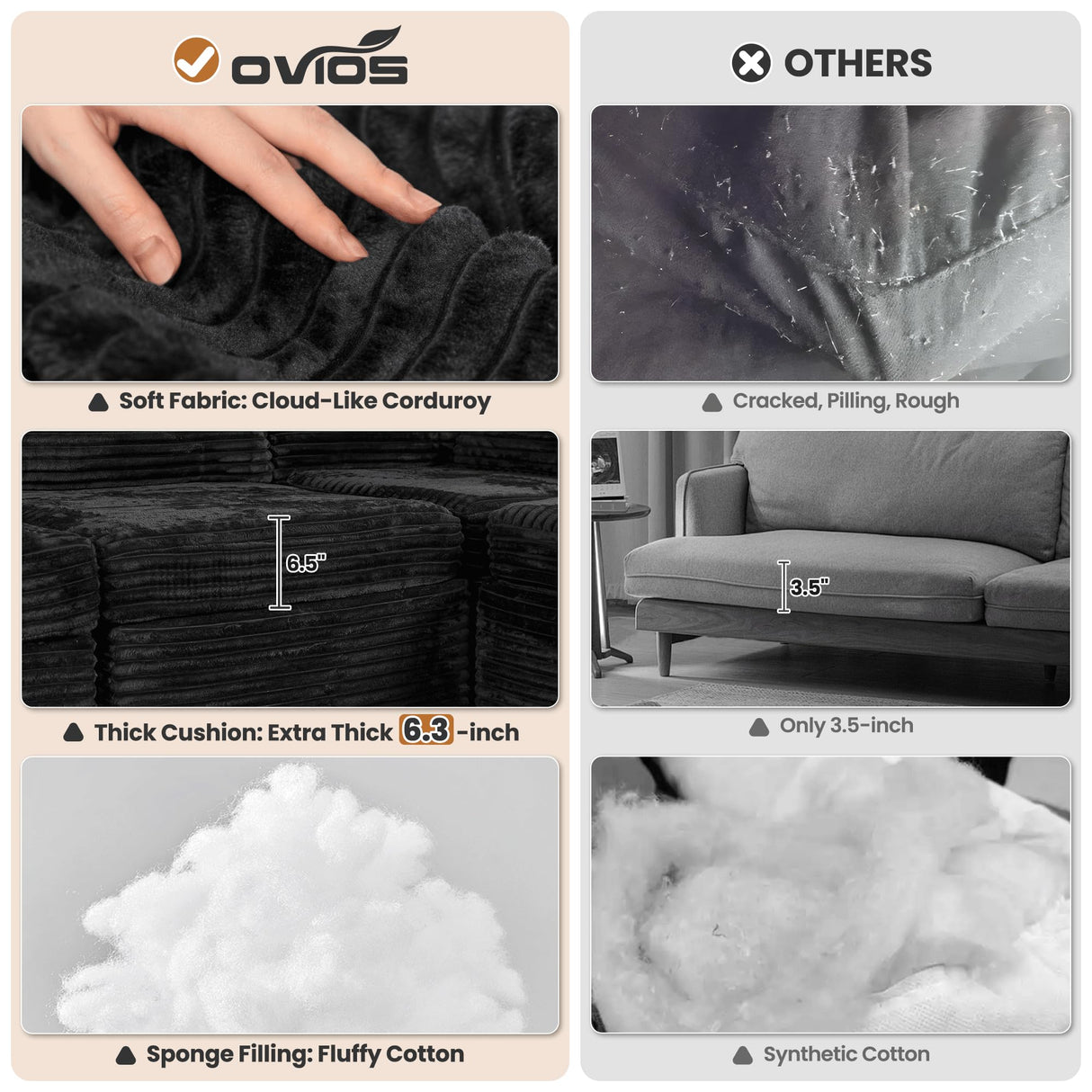 ovios 130.7" Modular Sectional Sofa Couch, U-Shaped Minimalist Couches with Sofa Bed Chaise, Modern Deep Seat Cloud Plush Corduroy Sofas Set for Living Room, 7 Seat, Black ovios