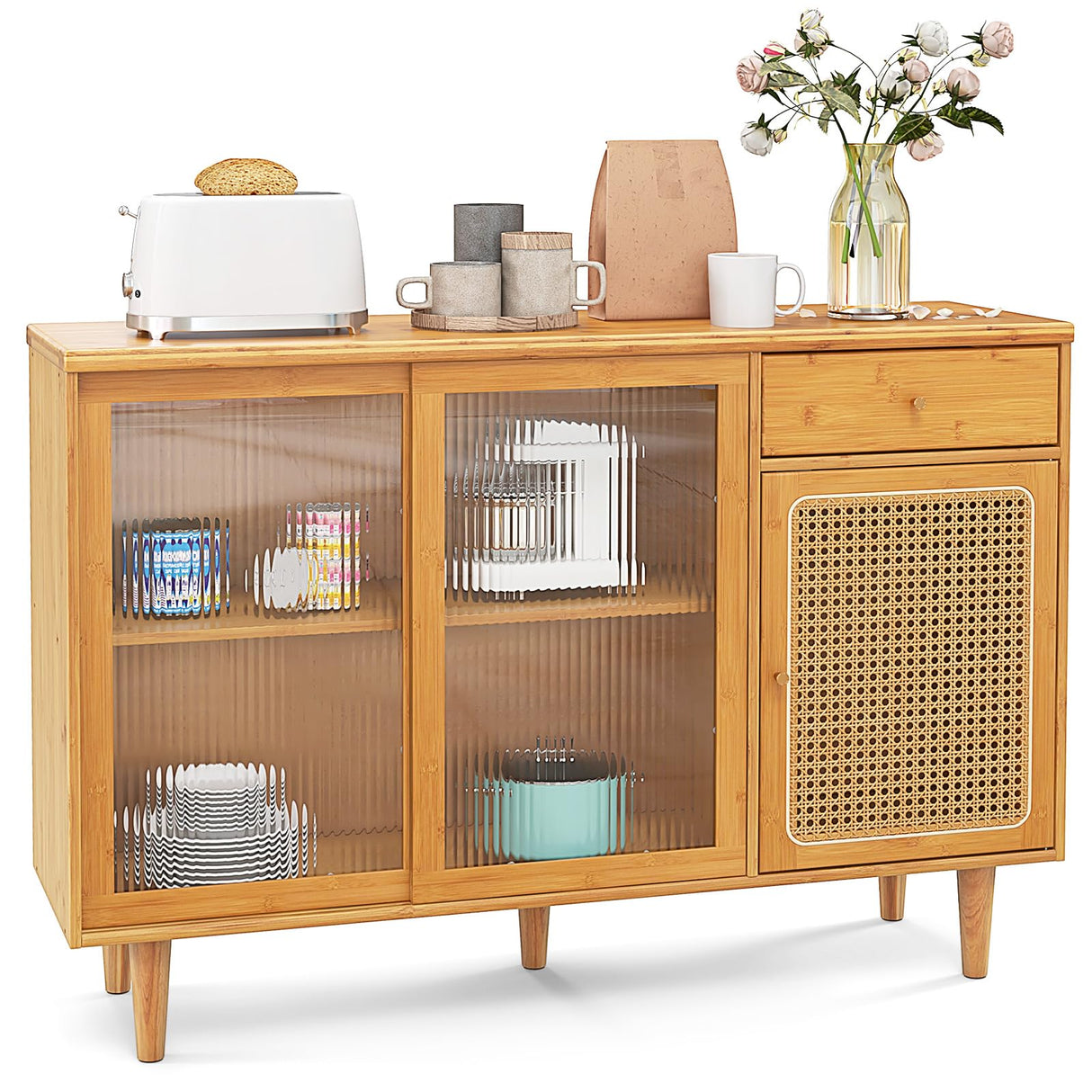 Giantex Buffet Cabinet with Storage, Bamboo Sideboard, Drawer, Rattan Glass Door Cabinet, Kitchen Cupboard, Farmhouse Console Table for Entryway Dining Room Coffee Bar Giantex