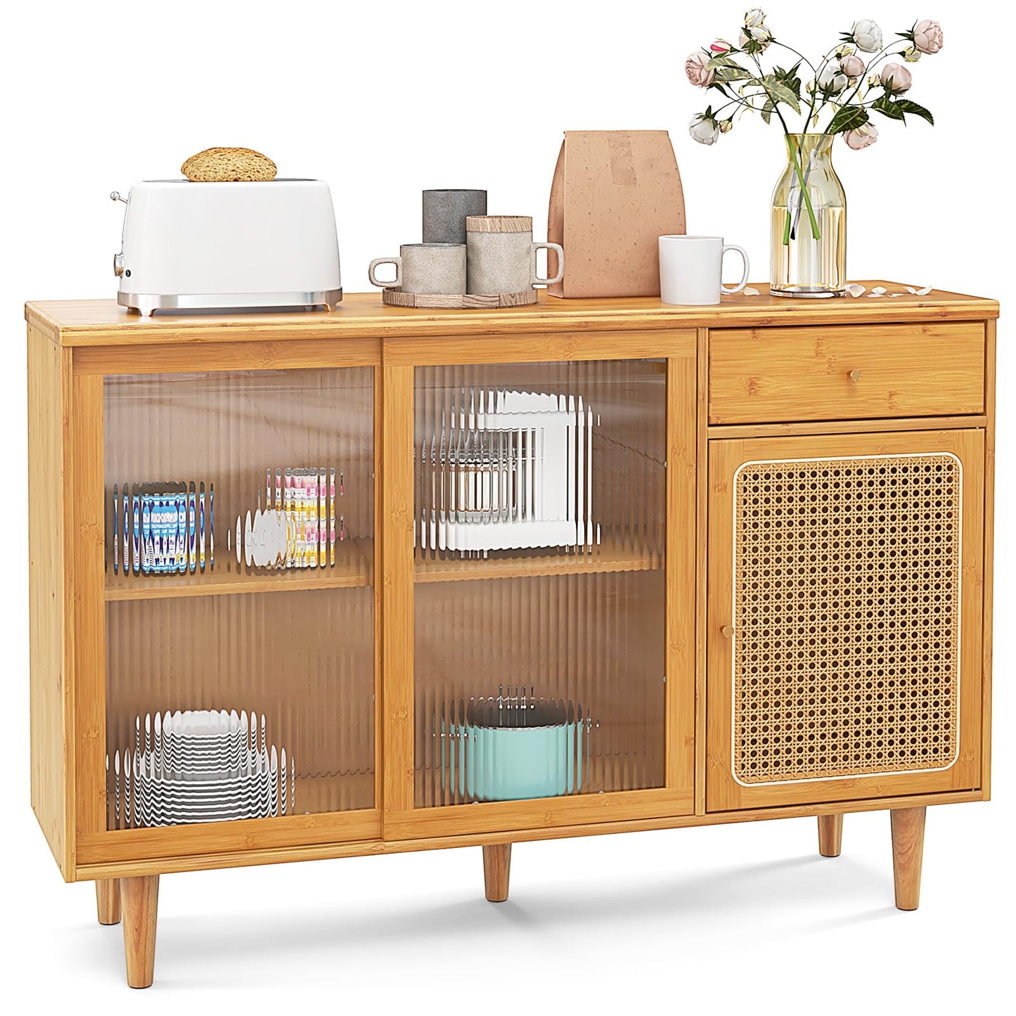 Giantex Buffet Cabinet with Storage, Bamboo Sideboard, Drawer, Rattan Glass Door Cabinet, Kitchen Cupboard, Farmhouse Console Table for Entryway Dining Room Coffee Bar - WoodArtSupply