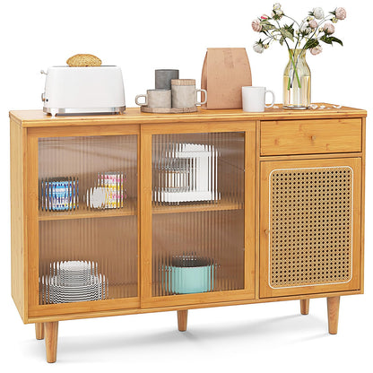 Giantex Buffet Cabinet with Storage, Bamboo Sideboard, Drawer, Rattan Glass Door Cabinet, Kitchen Cupboard, Farmhouse Console Table for Entryway Dining Room Coffee Bar - WoodArtSupply