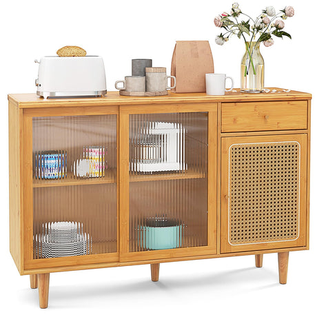 Giantex Buffet Cabinet with Storage, Bamboo Sideboard, Drawer, Rattan Glass Door Cabinet, Kitchen Cupboard, Farmhouse Console Table for Entryway Dining Room Coffee Bar Giantex