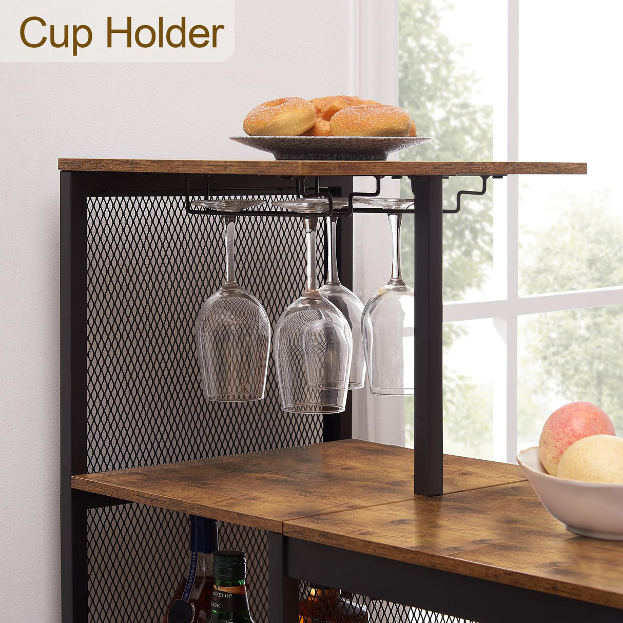 VECELO Bar Table and Chairs Set for 2, 3-Piece Dining Set with Storage Shelves, Cup Holder & Wine Rack, PU Leather Cushion Stools, for Kitchen Small Space, Brown VECELO