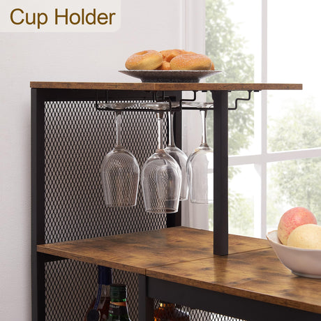 VECELO Bar Table and Chairs Set for 2, 3-Piece Dining Set with Storage Shelves, Cup Holder & Wine Rack, PU Leather Cushion Stools, for Kitchen Small Space, Brown VECELO