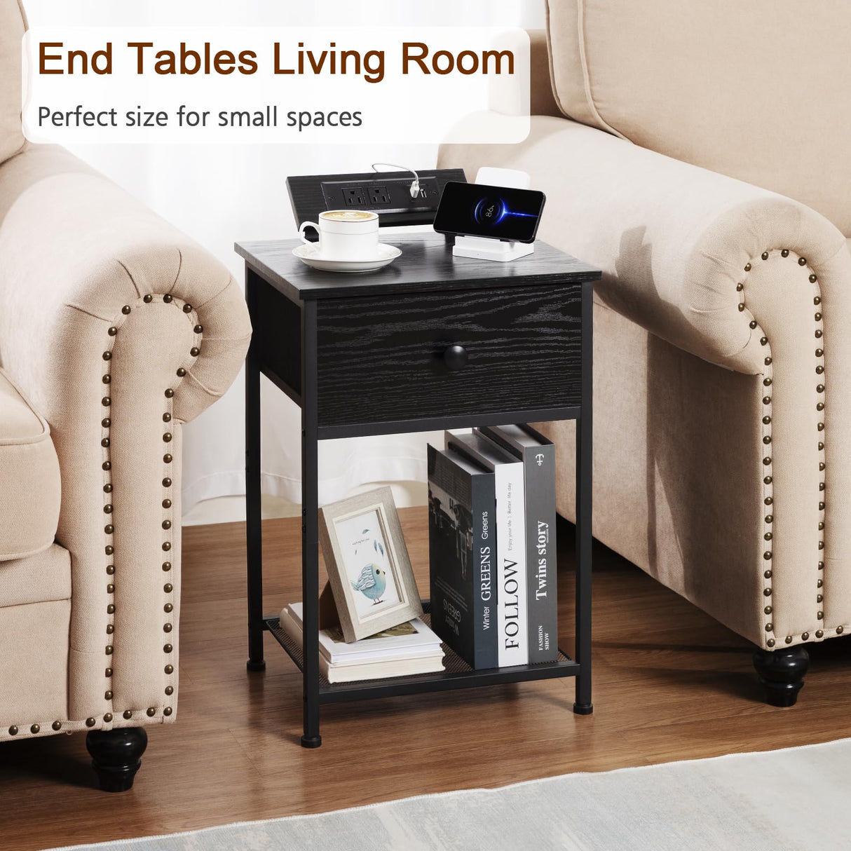 AMHANCIBLE Night Stand, Black Nightstand Set of 2, Small End Tables Living Room with Charging Station, Slim Bed Side Table with Fabric Storage Drawer for Bedroom, Small Space, HET03SDPBK AMHANCIBLE