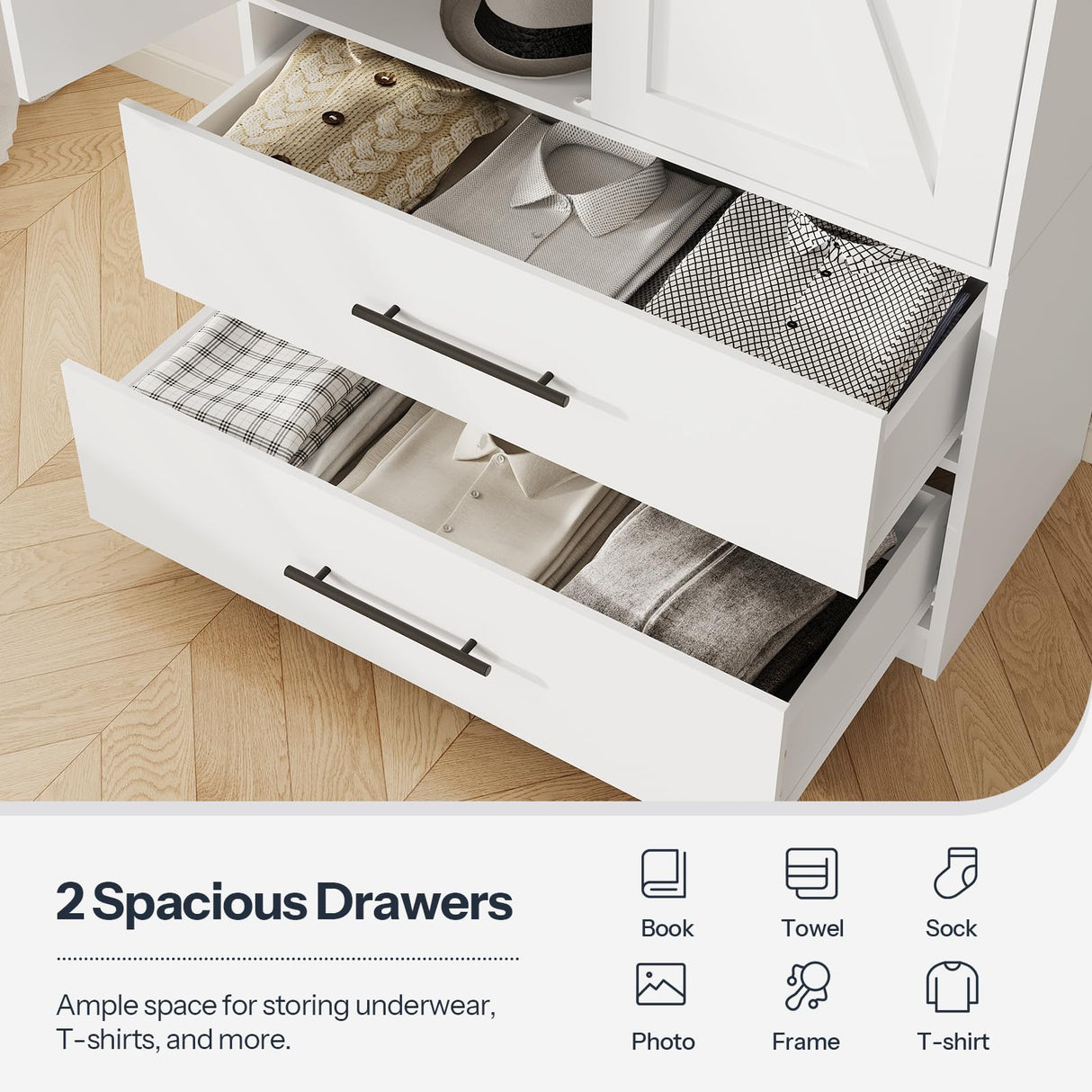 HOOBRO Armoire Wardrobe Closet with 2 Drawers, 70.9" Tall Wardrobe Cabinet with Hanging Rod, 2 Doors Bedroom Armoires, Farmhouse Clothing Storage Cabinet, Wooden Armoire for Bedroom, White HOOBRO