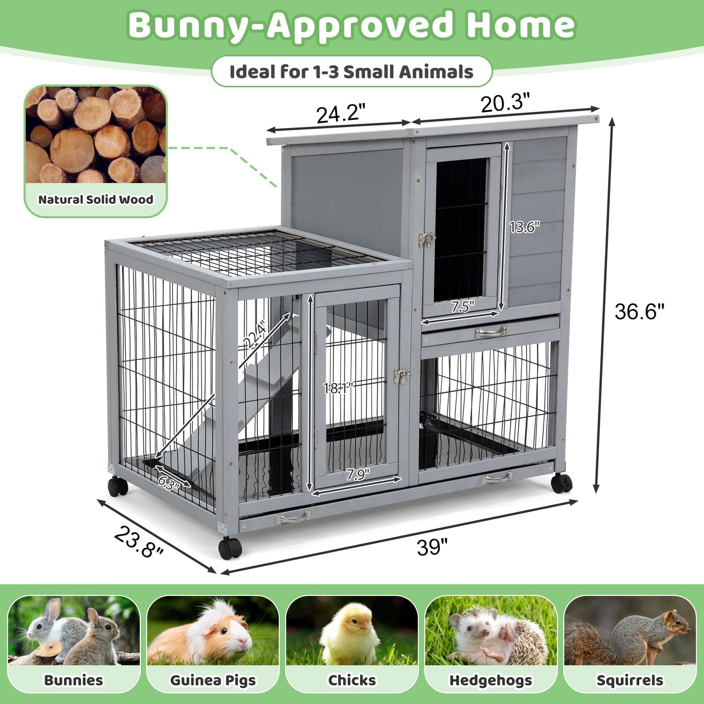 Rabbit Hutch Indoor Outdoor, 2-Level Large Wooden Rabbit Cage Bunny House Small Animal Enclosure Guinea Pig Hutch with Wheels, 2 Removable Trays, 3 Access Entrances, 39" L x 24" W x 37" H, Grey