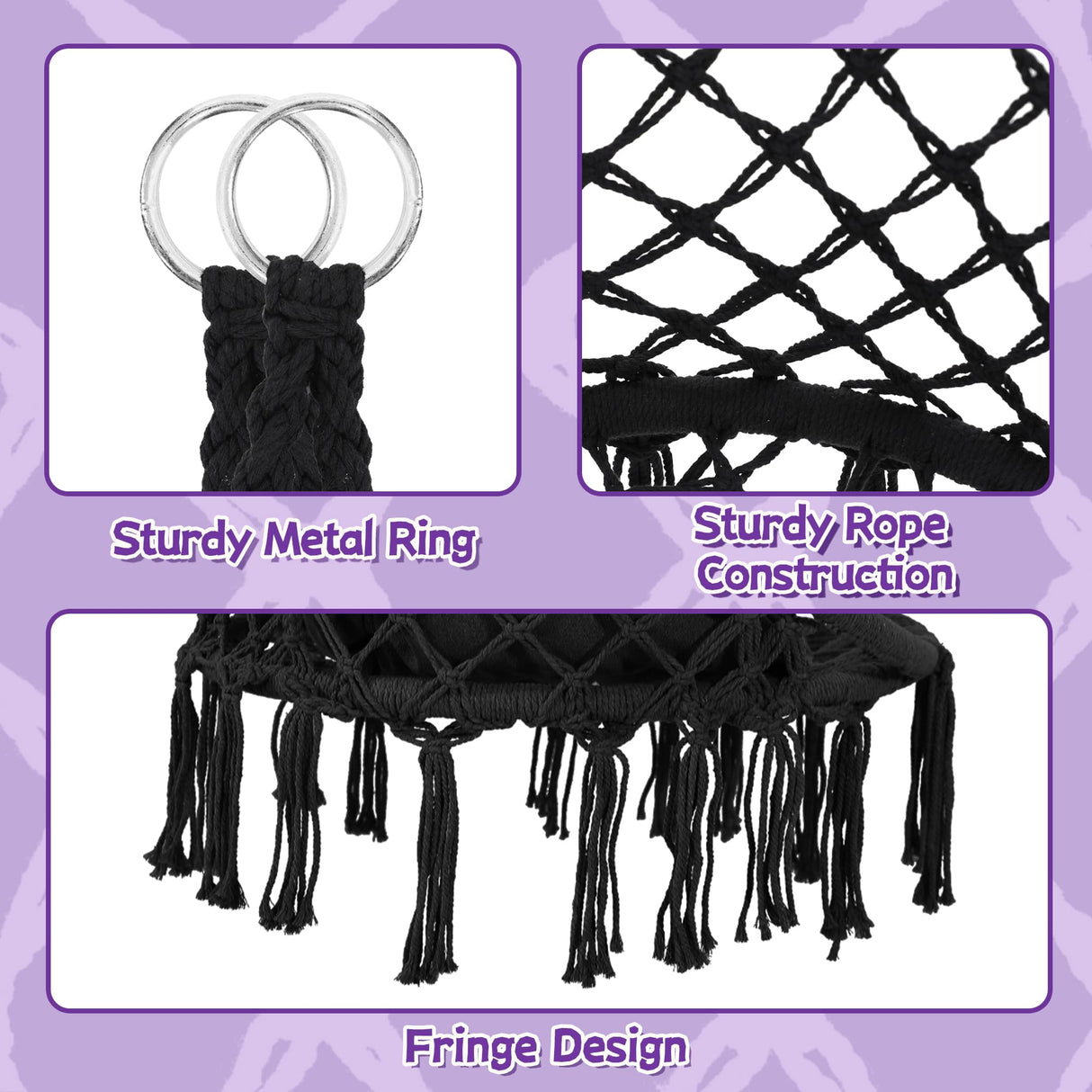 KROFEM Macrame Hammock Hanging Swinging Chair with Medium Cushion, Perfect for Bedroom, Porch, Adults, Balcony, Black KROFEM