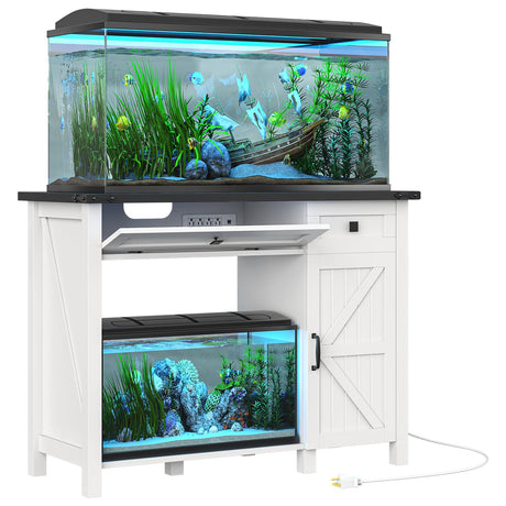 kepptory 40 Gallon Fish Tank Stand with Power Outlets, Farmhouse Decorative Aquarium Stand Furniture with Adjustable Shelves and Drawer, Reptile Turtle Tank Stand with Cabinet Storage (White, 30-40GL) kepptory