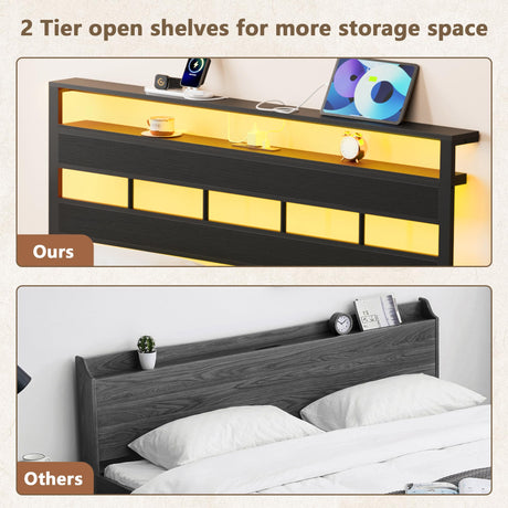 Furnulem Full Size Bed Frame with LED Light and Charging Station, Storage Headboard with 2-Tier Shelves, Metal Platform Bed with Heavy Duty Slats Support, No Box Spring Needed, Black Oak Furnulem