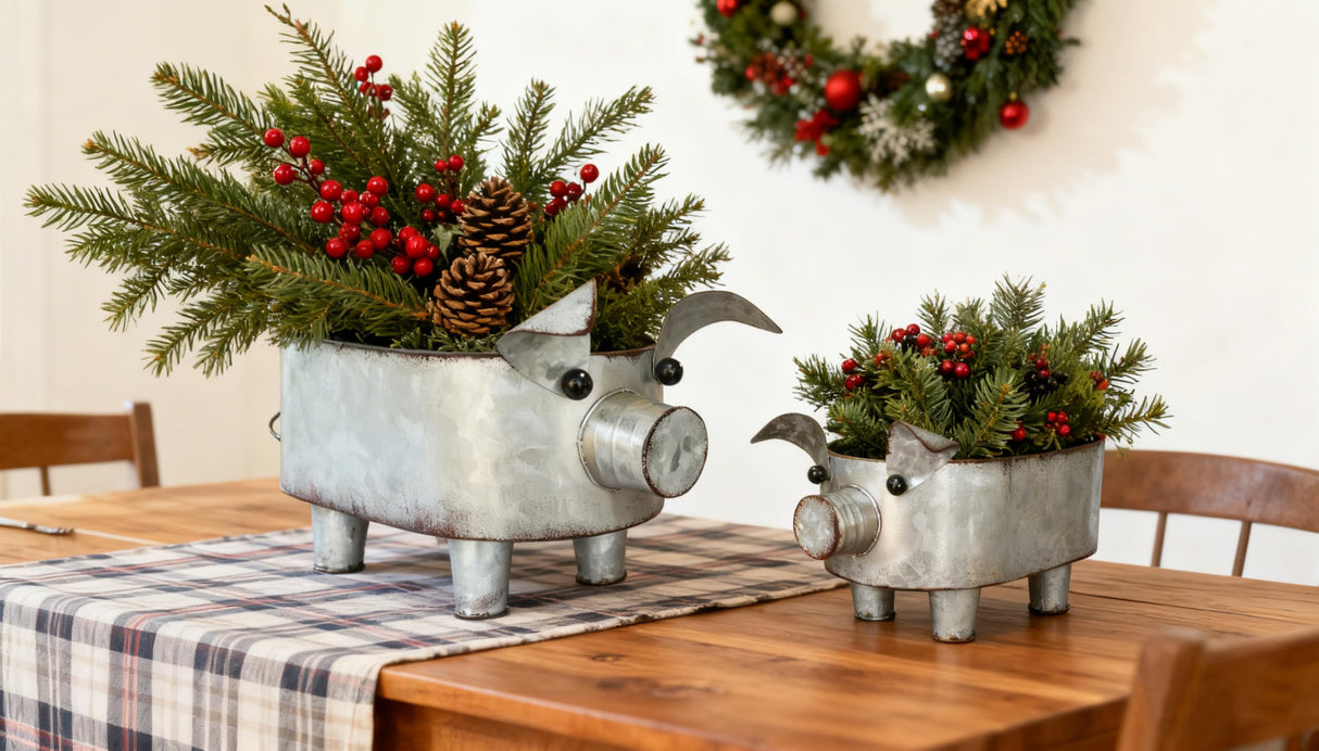 ShabbyDecor Galvanized Metal Pig Bowl Farmhouse Pig Storage Holder for Bathroom Kitchen Living Room Set of 2,Big and Small ShabbyDecor