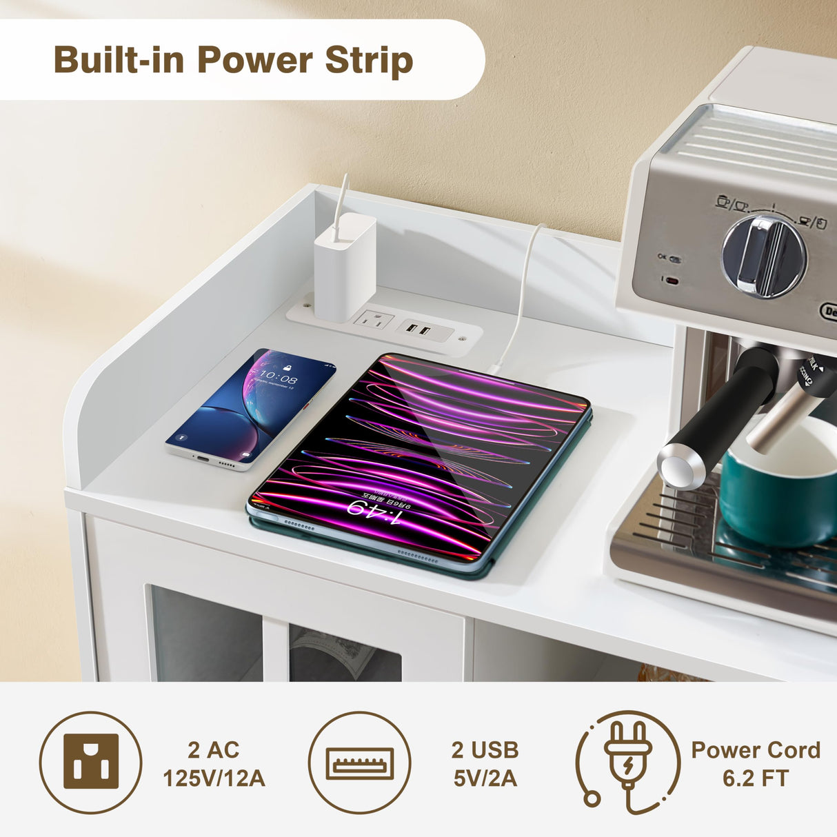 VECHOLL Wine Bar Cabinet with Led Lights and Power Outlets, Coffee Bar Cabinets for Home, Buffet Cabinet with Storage Freestanding Liquor Cabinet for Living Room, Dining Room,White VECHOLL