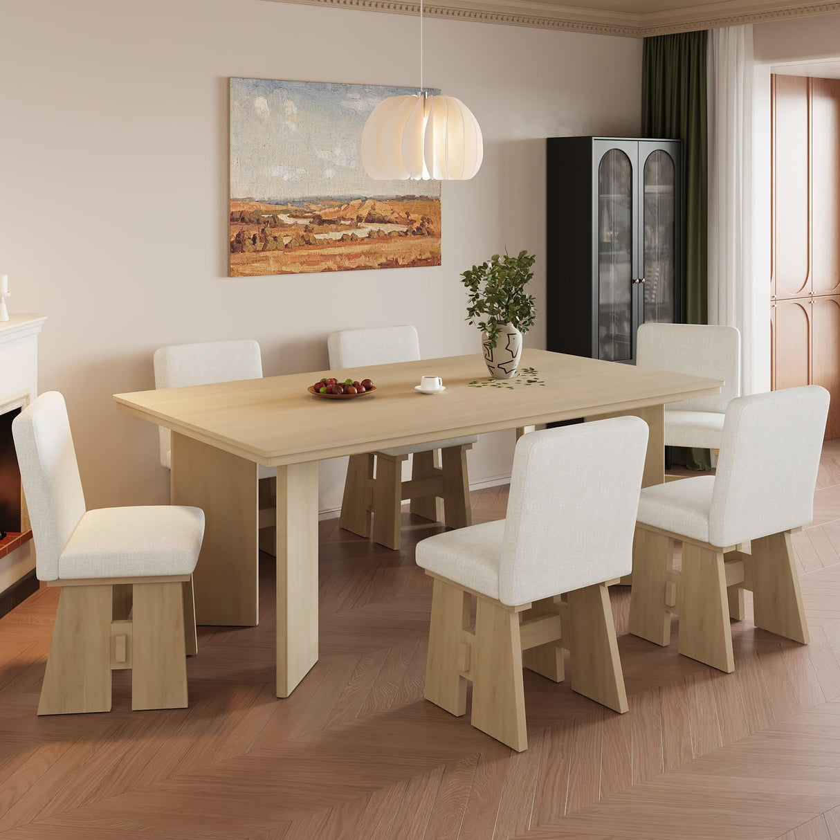 THINK 30 Modern 7-Piece Dining Table Set with 6 Upholstered Dining Chairs, Natural THINK 30
