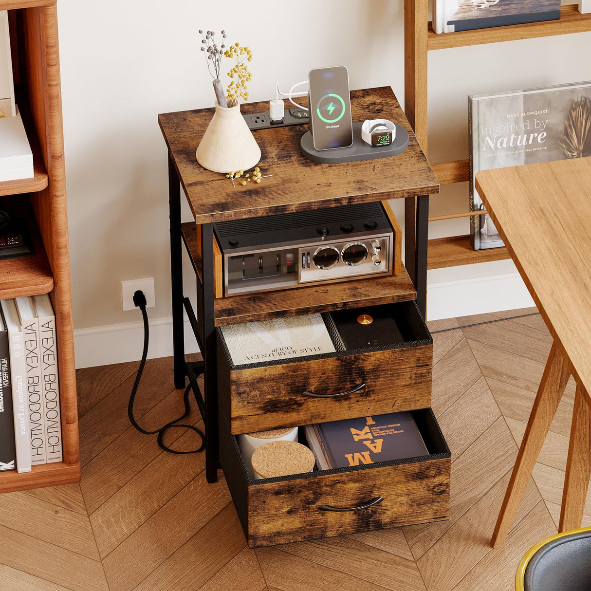 Fixwal Night Stand with Charging Station, Nightstand with Fabric Drawers, Bedside Table with Storage for Bedroom, Rustic Brown Fixwal