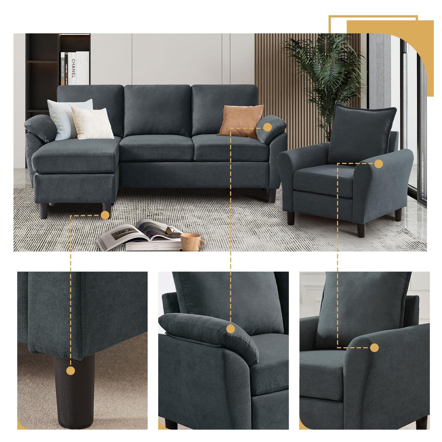 Tornama 79" Convertible Sectional Sofa Set, Small L Shaped 3-Seat Couch with Reversible Chaise and Accent Chair, Modern Linen Sofas Couches for Living Room, Dark Grey