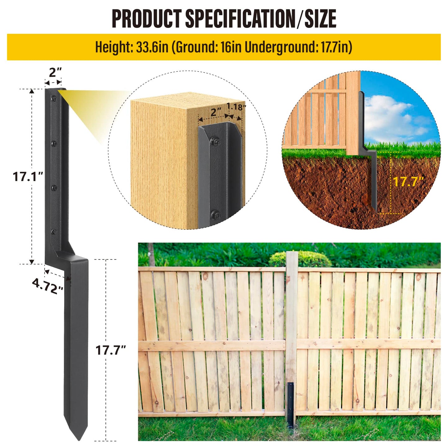 Epcee Heavy Duty Steel Fence Post Repair Stakes, Anchor Ground Spike, for Repair Tilted/Broken Wood Fence Post (1 Pack/Black） - WoodArtSupply