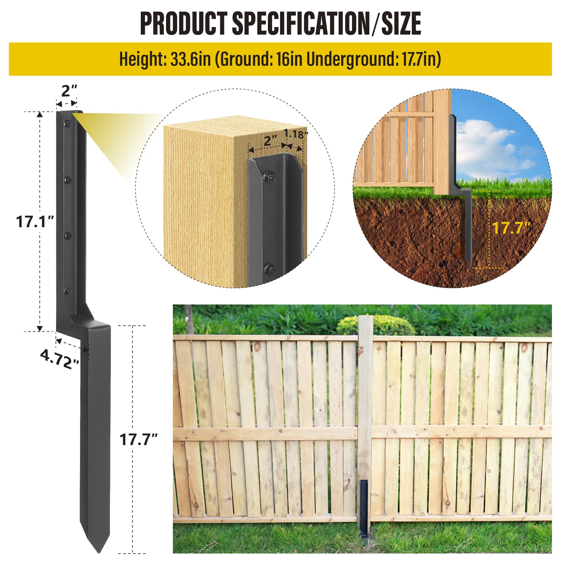 Epcee Heavy Duty Steel Fence Post Repair Stakes, Anchor Ground Spike, for Repair Tilted/Broken Wood Fence Post (1 Pack/Black） - WoodArtSupply