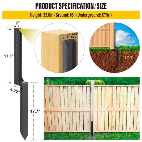 Epcee Heavy Duty Steel Fence Post Repair Stakes, Anchor Ground Spike, for Repair Tilted/Broken Wood Fence Post (1 Pack/Black） Epcee