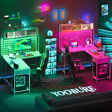 Yoobure L Shaped Desk Gaming Desk with LED Strip & Power Outlet, Reversible L-Shaped Computer Desk with Storage Shelf & Drawer, Corner Desk with Storage Bag, 2 Person Home Office Desk, White Yoobure
