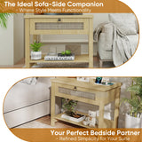 Large Night Stand Set of 2, Bedside Table with Drawers and Open Shelf, Farmhouse Bedroom Nightstand with Charging Station, 27.5" Wide Boho Rattan Side Table for Bedroom, Living Room Arbcoler