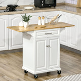 HOMCOM Kitchen Island with Drop Leaf Trolley Cart on Wheels Drawer Cabinet Towel Racks Versatile Use Natural Wood Top and White HOMCOM