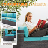 Gotland 7 Pieces Patio Furniture Set with 1 Coffee Table, 6 Seater Wicker Rattan Patio Set with 29.5'' High Backrest Thick Cushions Adjustable Foot Pads, for Porch Deck Garden Green Blue Gotland
