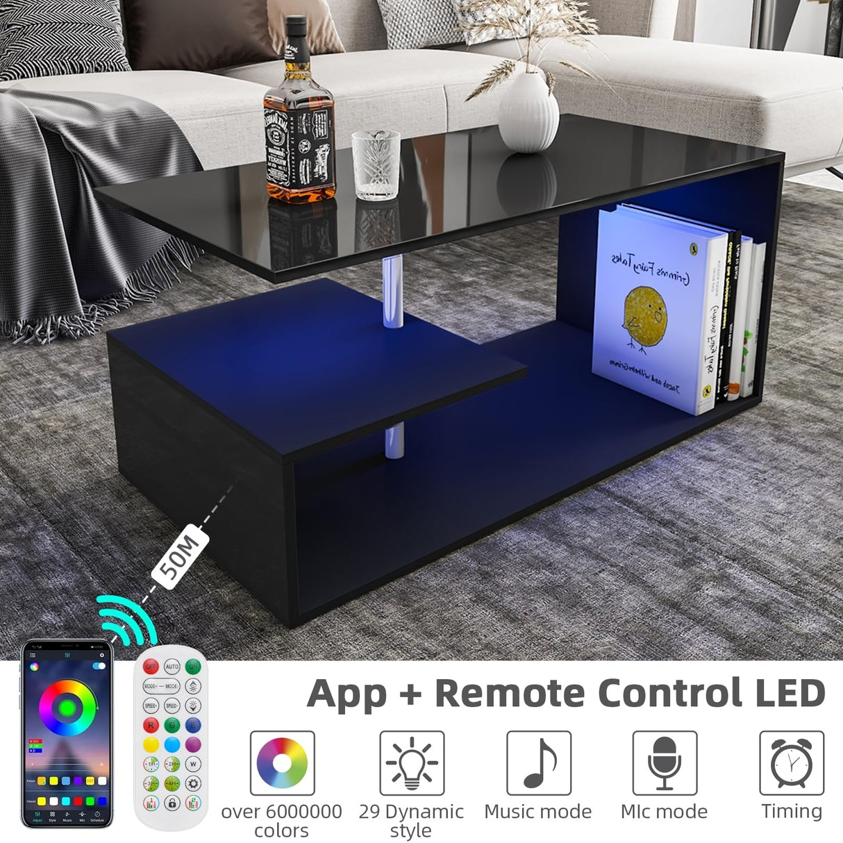 HOMMPA LED Coffee Tables for Living Room Modern Black Coffee Table with S-Shaped 3 Tiers Open Storage Shelf High Gloss Center Sofa Tea Table with LED Lights for Home Office Furniture Black 18" Tall HOMMPA