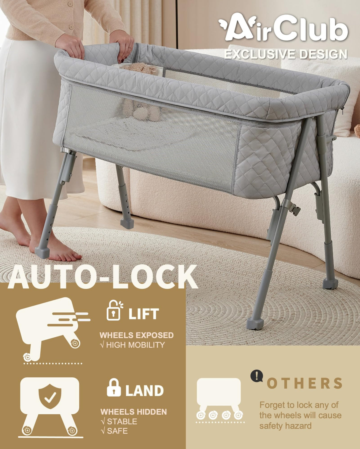 AirClub Bassinet Bedside Sleeper, Baby Bed Crib for Newborn, Bedside Crib Sleeper with 4 Auto-Lock & Adjustable Height, Breathable Mesh&Mattress AirClub