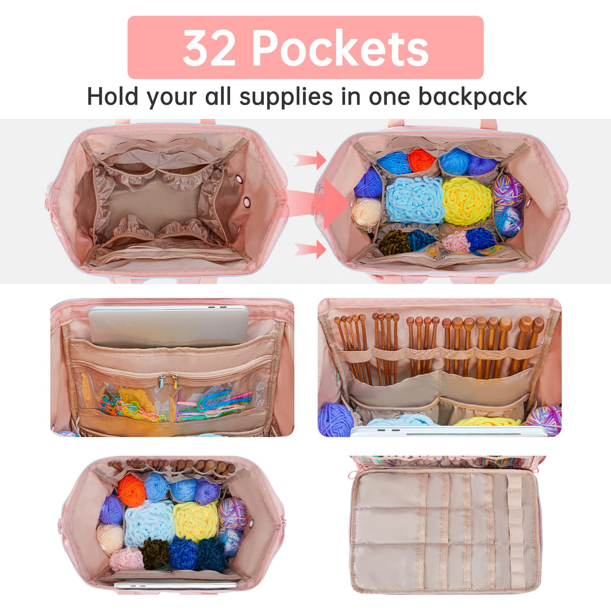 Leudes Knitting Bag Backpack, Yarn Storage Organizer Large Crochet Bag Tote Christmas Gift Yarn Holder Case for Carrying Projects, Knitting Needles (Upgraded Pink) Leudes
