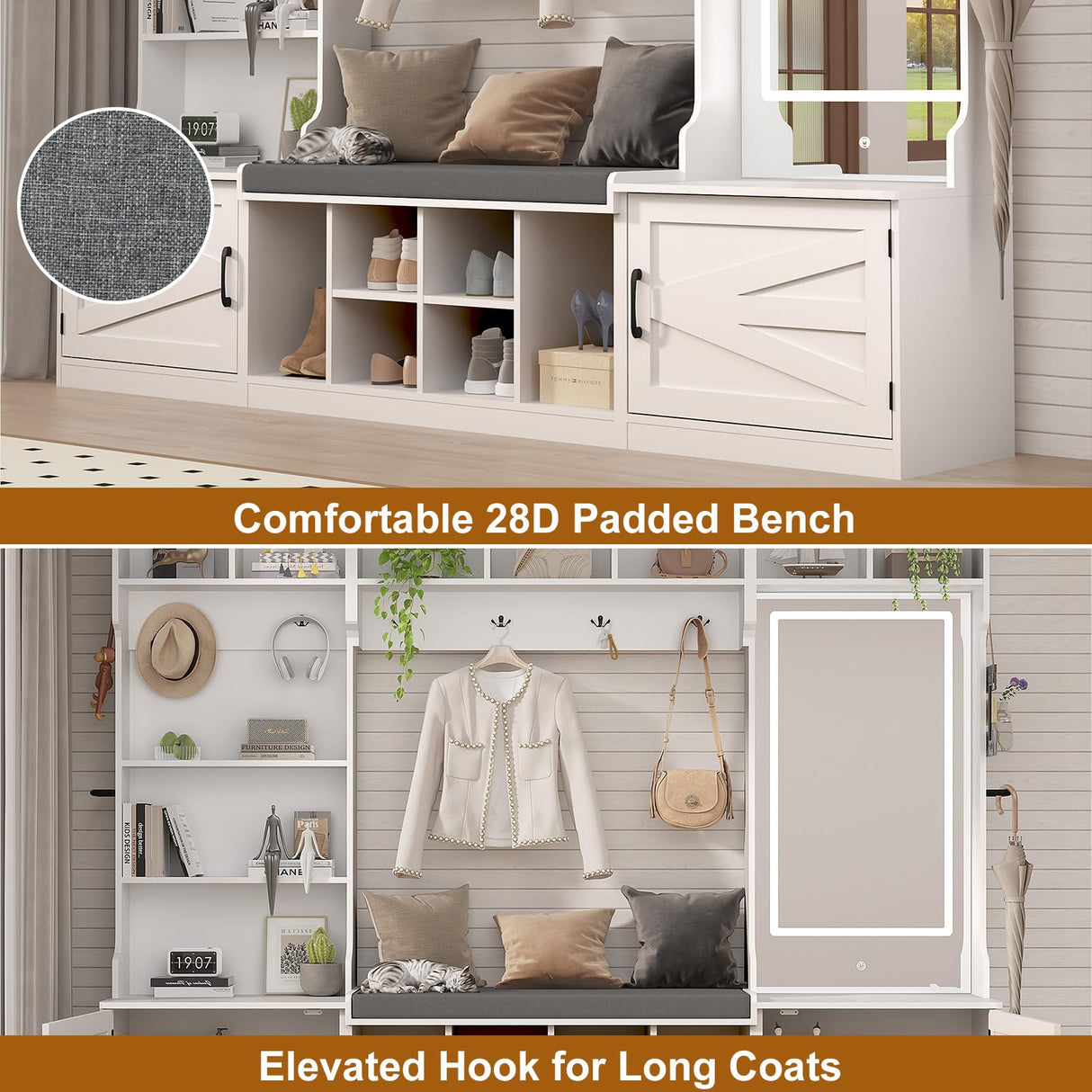 chartustriable 86.6" Wide Extra Large Farmhouse Hall Tree with 3-Color LED Mirror, Entryway Bench with Bench and Shoe Storage, Shoe Shelves,Umbrella Holder, Mudroom Hallway Storage Cabinet chartustriable