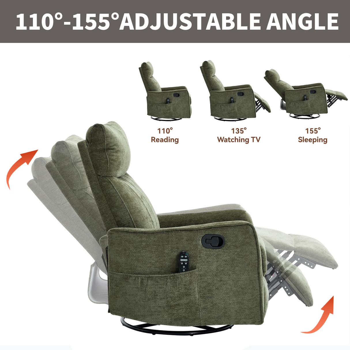 PELUMY Recliner Chair Swivel Rocking with Heat Massage - 360° Manual Recliner, 8-Point Vibrating & Lumbar Heat, Easy Assembly Chair for Living Room (Chenille, Green) PELUMY