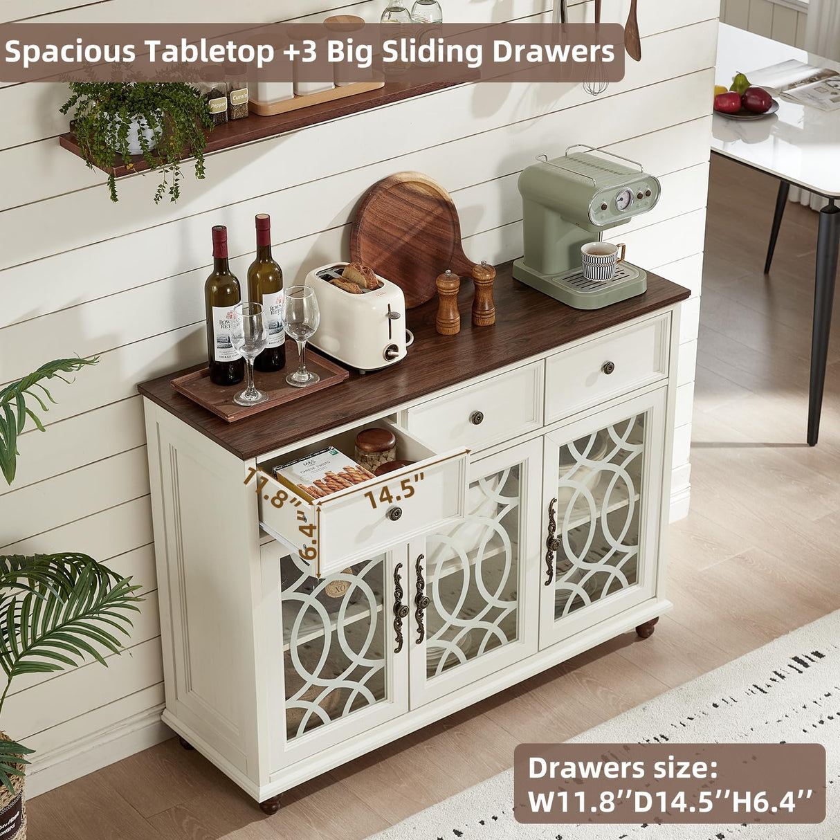 Joaxswe Farmhouse Sideboard Buffet Cabinet with Storage,48" Large Credenza with 3 Glass Doors & 3 Drawers,Adjustable Shelves Console Table,Wood Kitchen Coffee Bar for Dining Room,Living Room,White Joaxswe