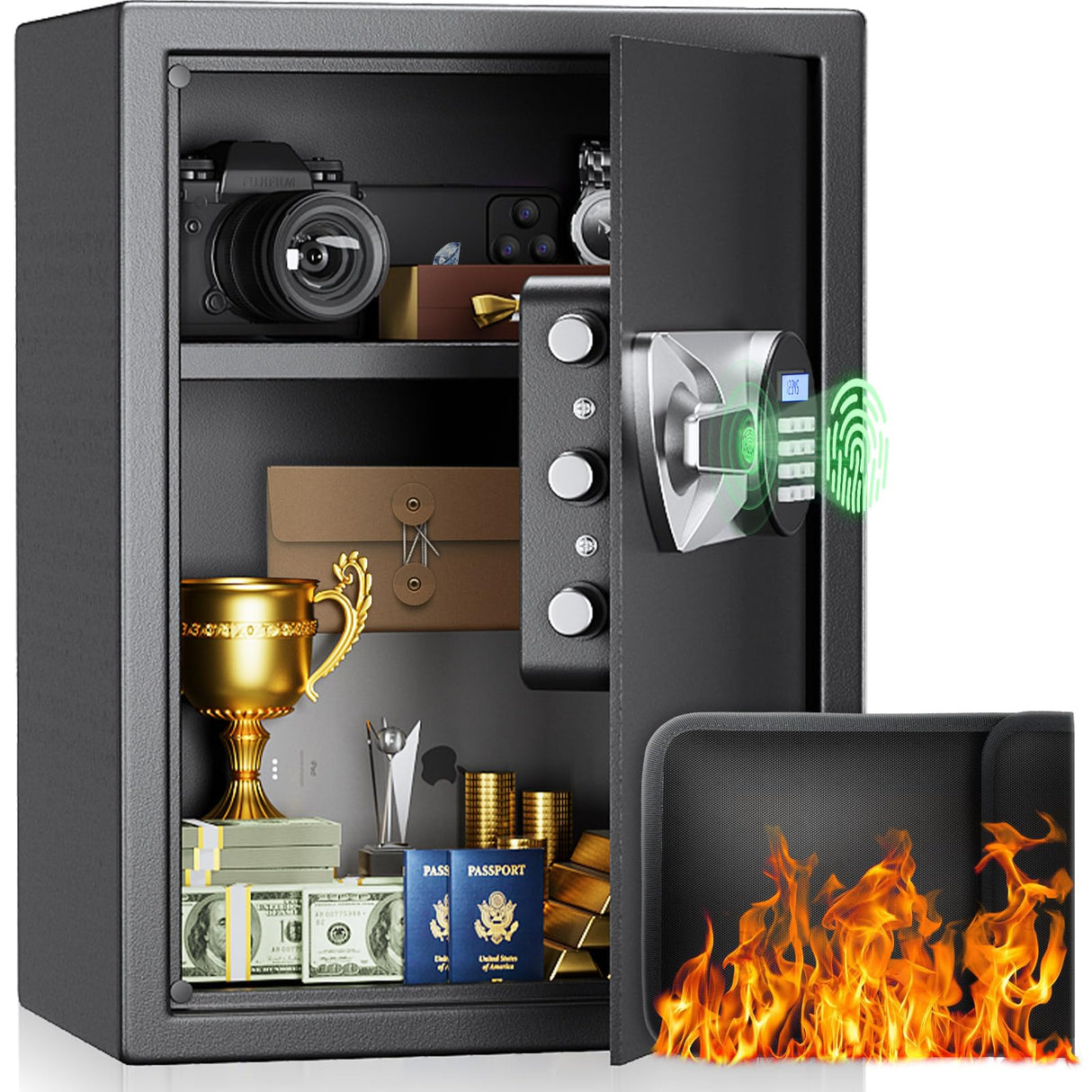 BlackSmith Large Home Safe Box 2.0 Cub Biometric Safe Fingerprint Recogntion Lock Box with Removable Shelf LED Light Fireproof Bag Wall Mount Cabinet Safe for Home Office Hotel, Black BlackSmith