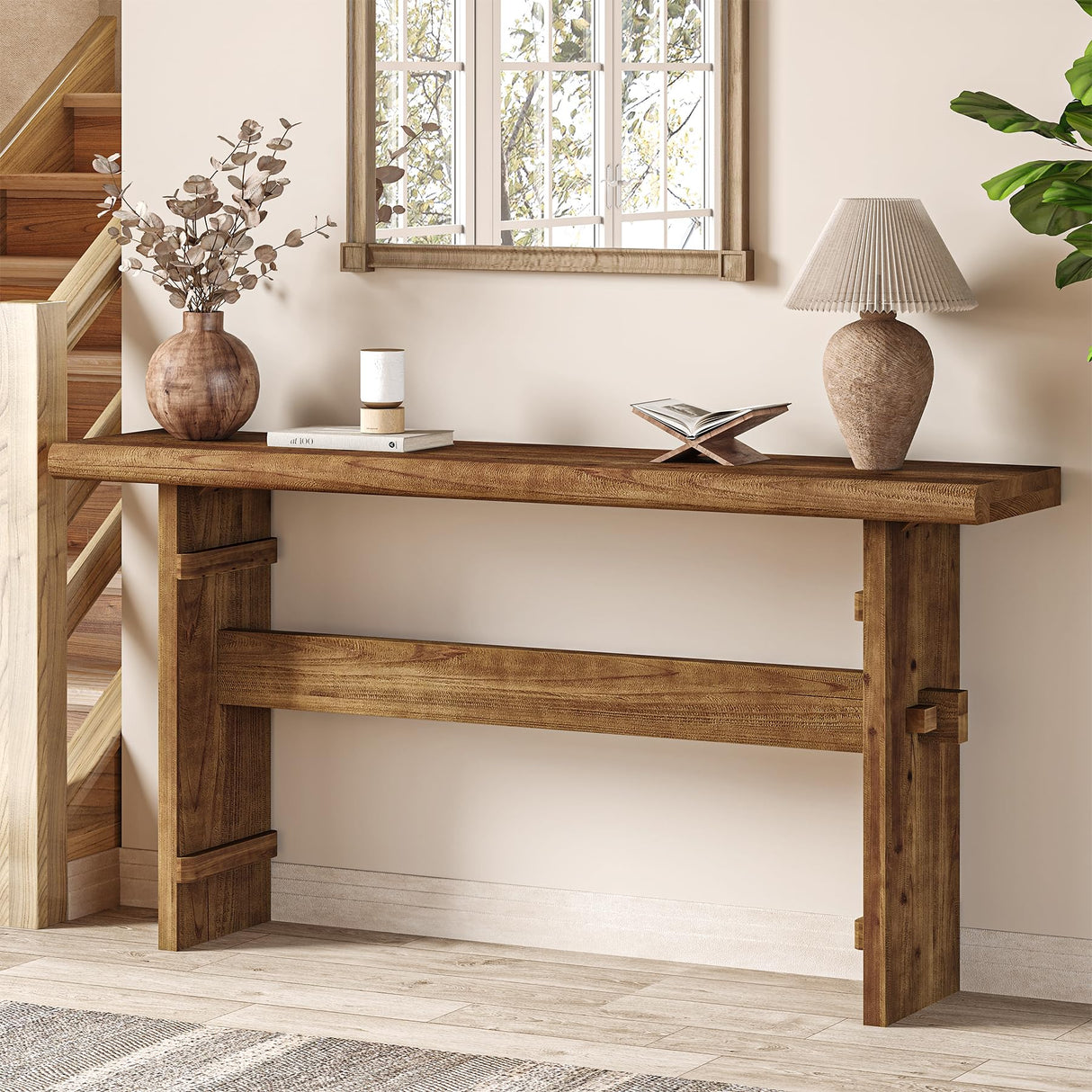 TRIBEWOOD Solid Wood Console Table for Entryway, 63-Inch Long Farmhouse Sofa Table Behind Couch, for Foyer, Hallway, Living Room TRIBEWOOD