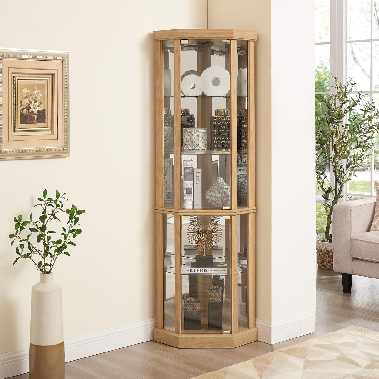 TRJQBCC 69" H Lighted Corner Display Cabinet, Curio Corner Glass Cabinet w/Adjustable Shelves & Glass Door, 5-Tier Wooden Storage Display Case w/Mirrored Back Pane for Living Room(Light Oak) TRJQBCC