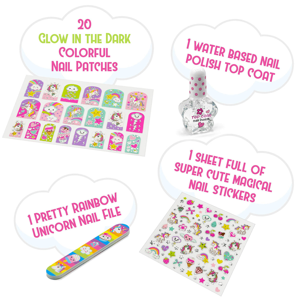 Hot Focus Unicorn Nail Kit – Kids Nail Polish Set for Girls Ages 5 6 7-12 with 77+ Pieces, Spa Kit, Nail Art Decoration Set, Glow-in-the-dark, Stickers, and Water-Based Polish - Girls' Nail Kit. Hot Focus