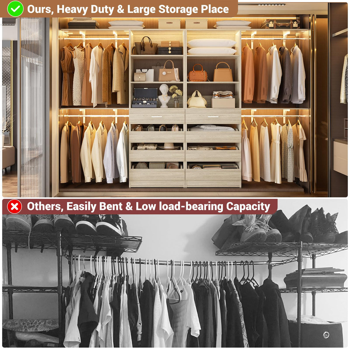 Aheaplus Closet System with 8 Wooden Drawers, Wood Closet Organizer System with Tower, Walk-in Closet Organizer Wardrobe Clothes Rack with 4 Hanging Rods, Garment Rack, Cut to Fit 7-12Ft, White Oak Aheaplus